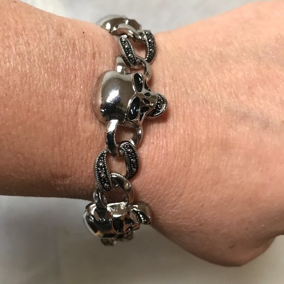 Skull Bracelet Chain Biker Silver Rock Mans Moto Gothic Motorcycle Skulls Unisex - Picture 6 of 10